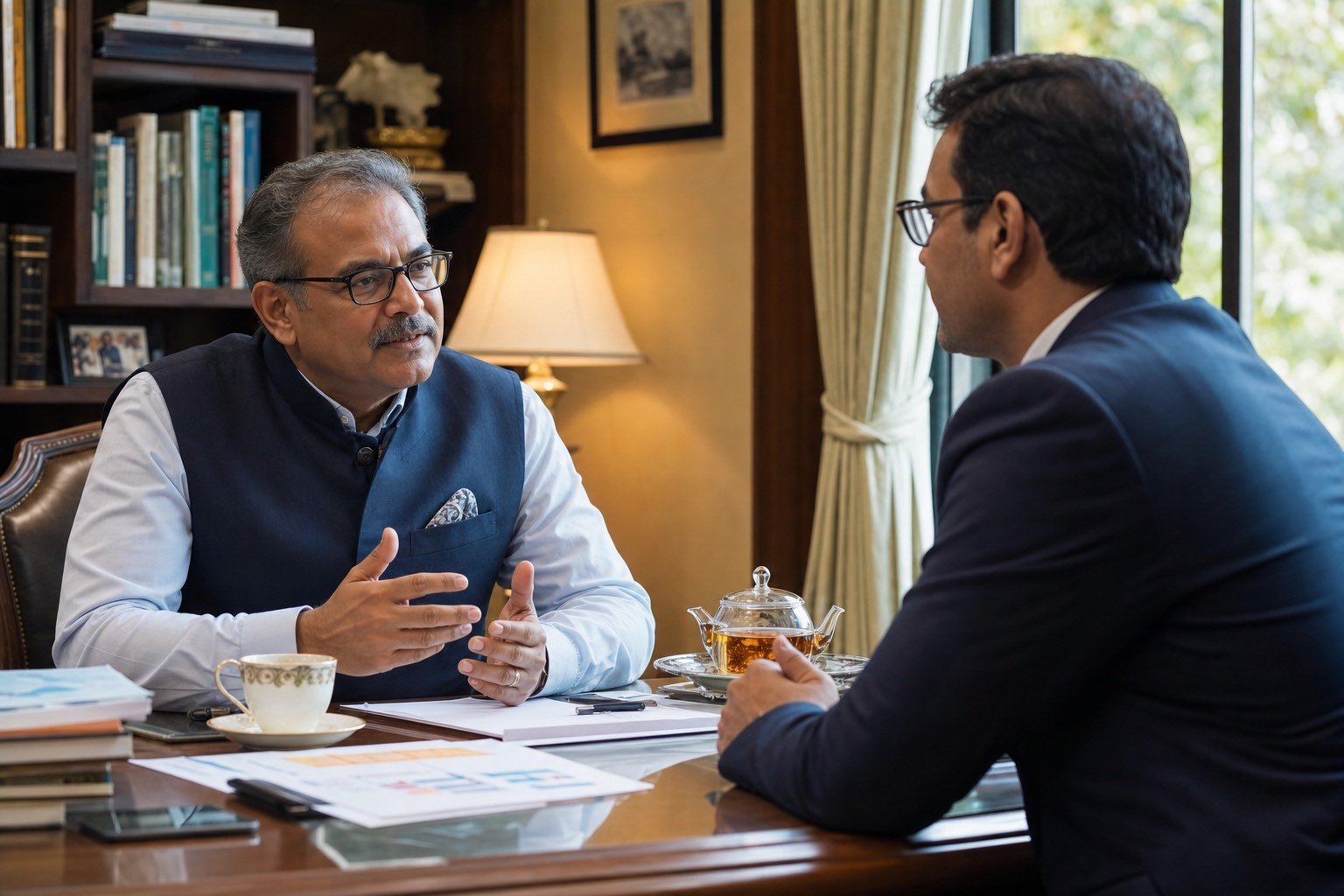 senior Indian advisor in consultation with a family-business owner