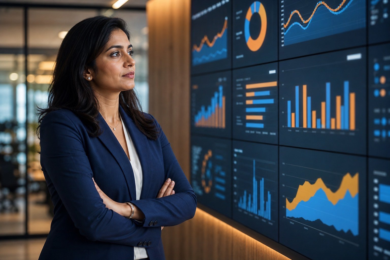 Indian CFO with digital finance dashboards
