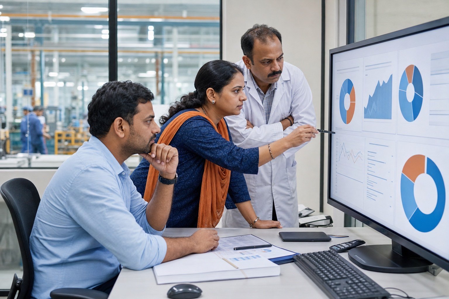 Indian operations team reviewing a cost-of-quality dashboard on a monitor