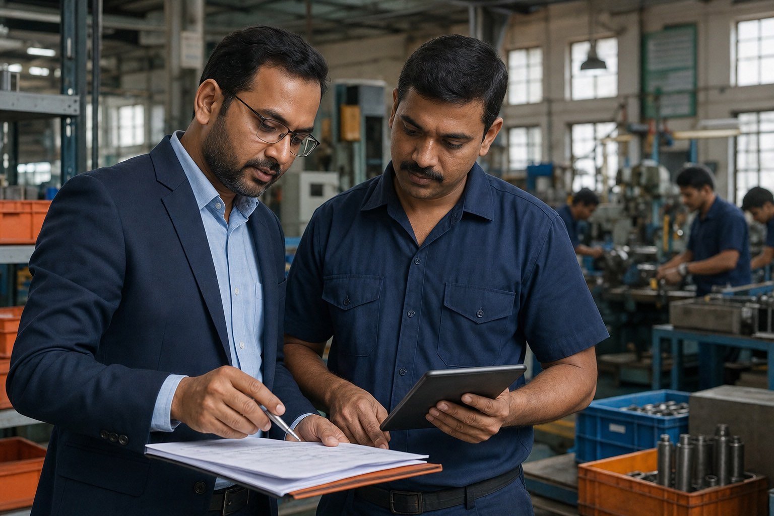 Indian quality consultant reviewing SOP documents at a manufacturing MSME