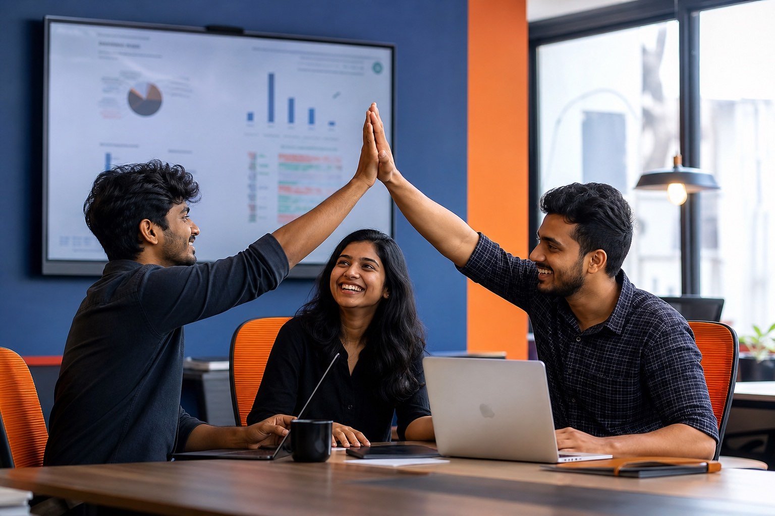 Young Indian startup founders celebrating in a co-working space